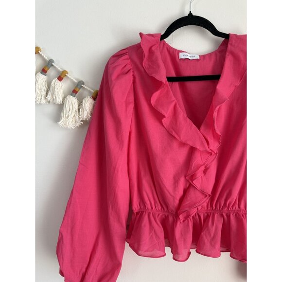 Evereve Pink Surplice Ruffle Balloon Sleeve Top Coquette Fairy Whimsical S - Picture 4 of 7